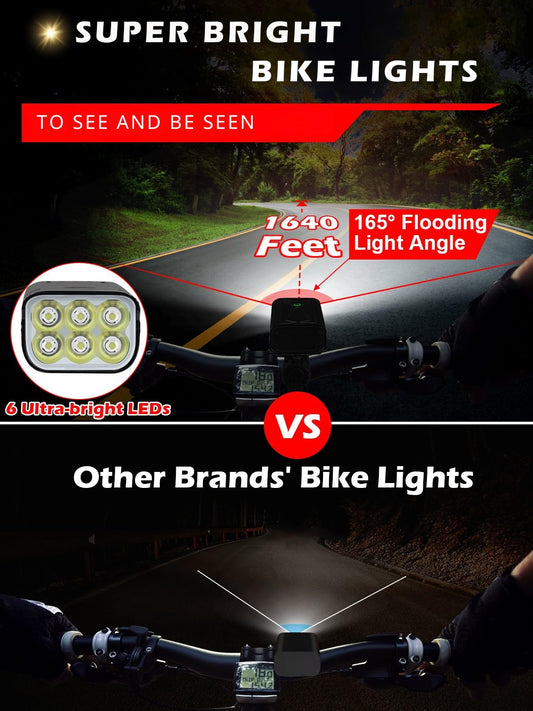 High Lumens USB Rechargeable Bike Lights Front and Rear Set 10000mAh IPX5 6 LED