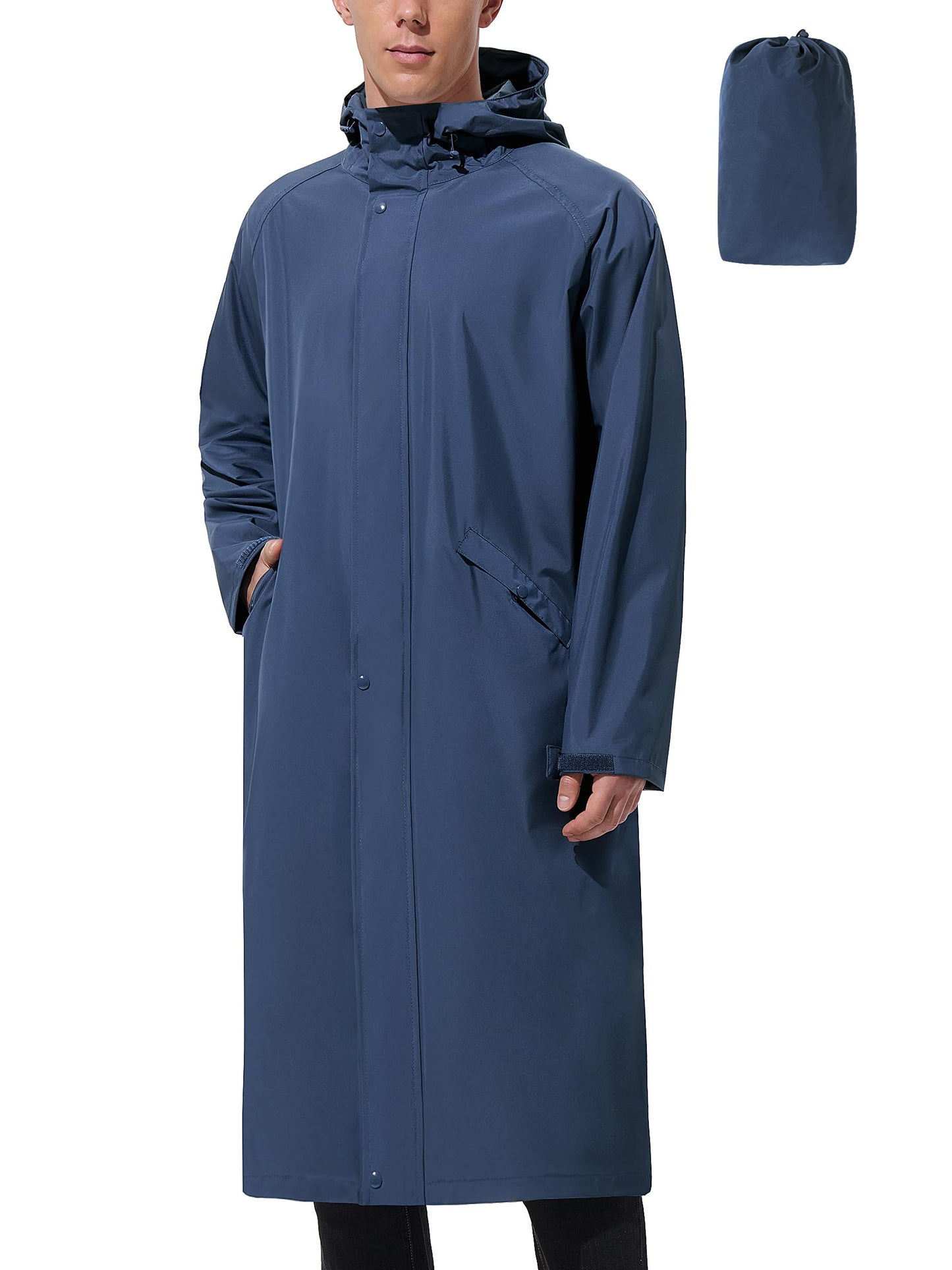 Men’s Waterproof Long Raincoat Adjustable Hood Wide Brim Packable Outdoor Cycling Commuting Rain Jacket Lightweight Portable