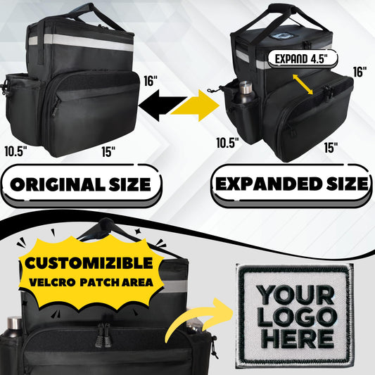 Insulated Expandable Food Delivery Backpack Commercial Grade 1680D Fabric Customizable Branding Velcro Panel Bike Courier Thermal Delivery Bag