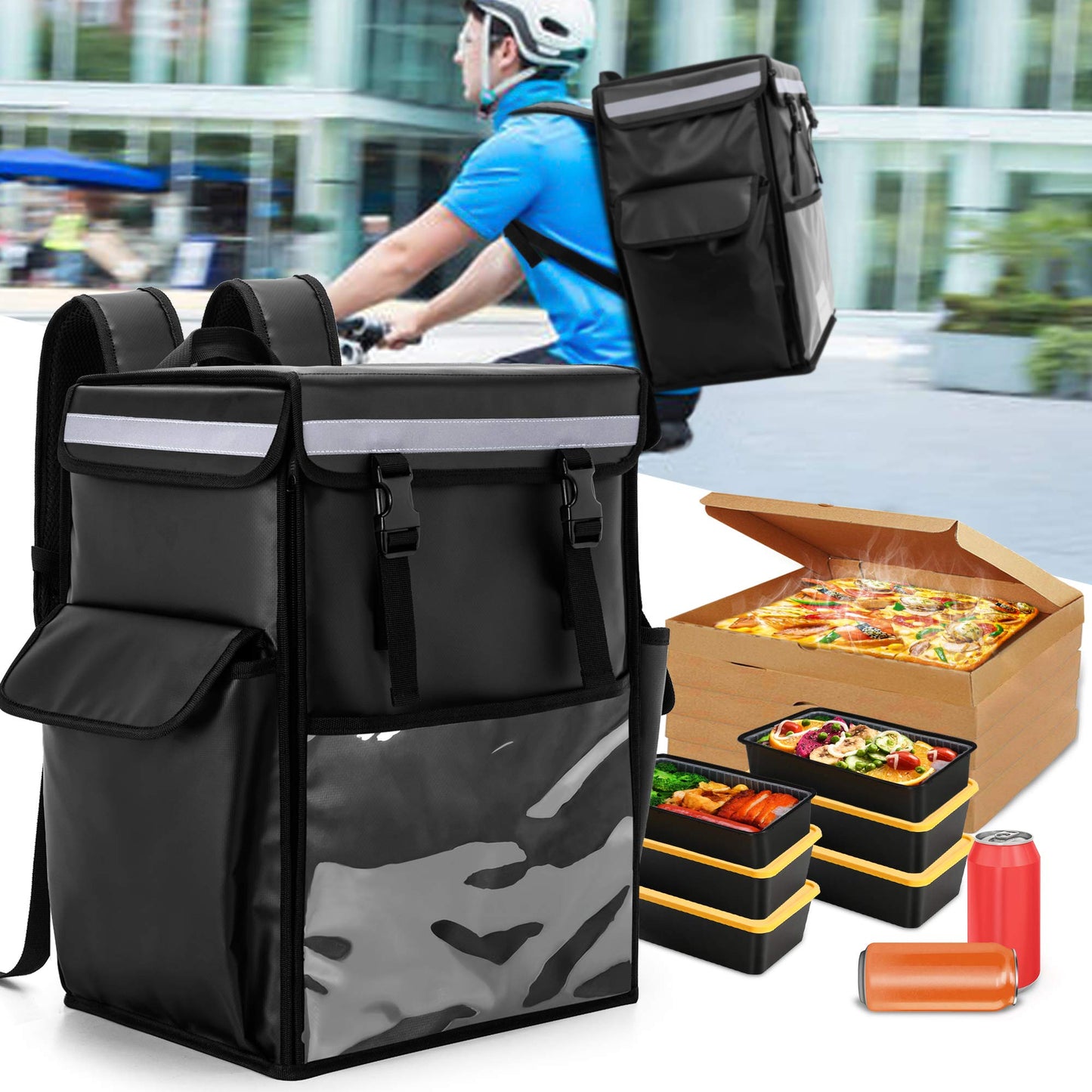 Insulated Food Delivery Backpack Waterproof Top Front Loading Multi Compartment Thermal Courier Bag Bike Delivery Compact Heavy Duty