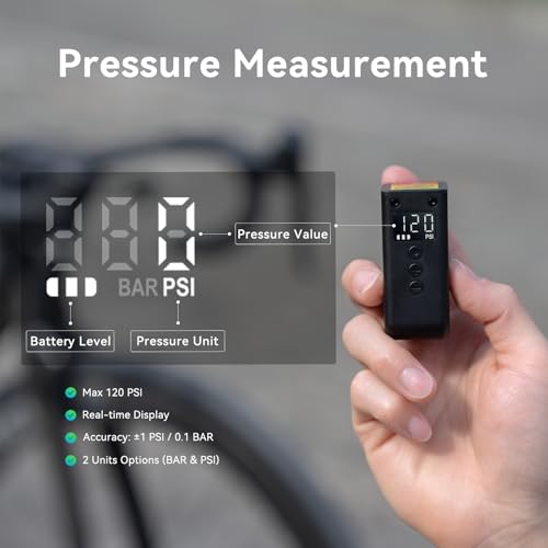 Ultra Compact Electric Bike Pump 120PSI Auto Stop Mini Pump with Gauge Presta Schrader Valve Magnesium Alloy Lightweight Portable Tire Inflator for Road MTB E Bike