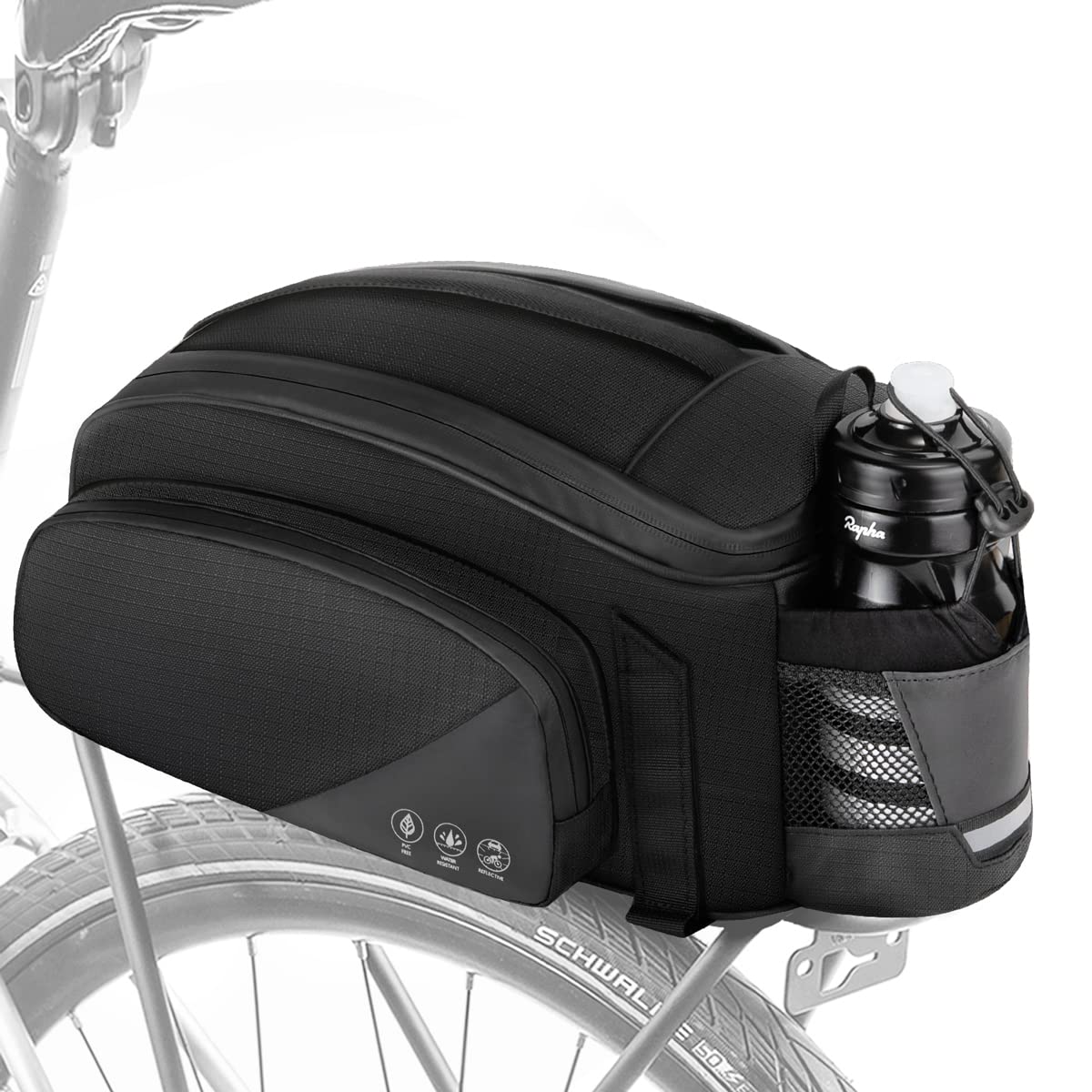 Waterproof Bike Rear Rack Bag 12L Reflective Pannier Saddle Trunk Storage with Bottle Holder Shoulder Strap Commuter MTB E Bike