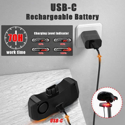 Smart Bike Rear Tail Light Turn Signal Brake Light Alarm Horn Remote Control USB Rechargeable Waterproof Bicycle Safety Light Auto On Off