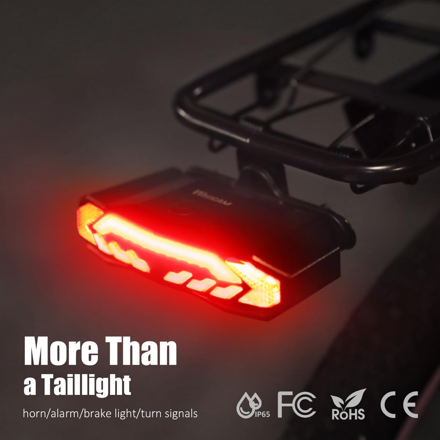 Smart Bike Rear Rack Tail Light Turn Signal Brake Light Wireless Horn Alarm USB C Rechargeable Auto On Off Bicycle Safety Light