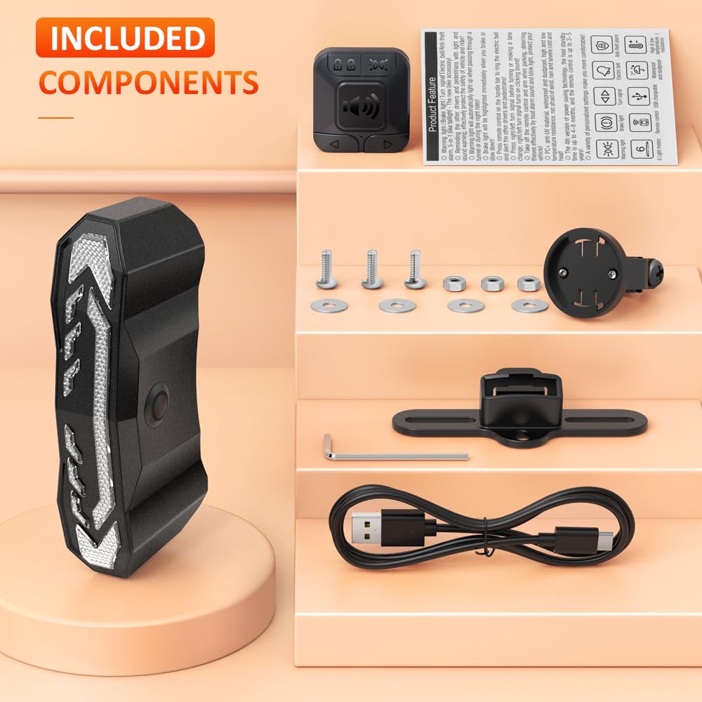 Smart Bike Tail Light Turn Signal Alarm Horn Remote Control Rechargeable Auto Sensing Bicycle Safety Rear Light Compact Waterproof