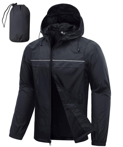 Men’s Waterproof Lightweight Packable Rain Jacket Hooded Windbreaker Cycling Running Outdoor Gear Reflective Shell Coat