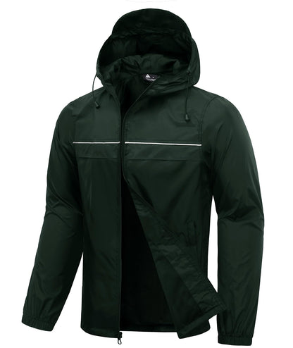 Men’s Waterproof Lightweight Packable Rain Jacket Hooded Windbreaker Cycling Running Outdoor Gear Reflective Shell Coat