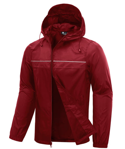 Men’s Waterproof Lightweight Packable Rain Jacket Hooded Windbreaker Cycling Running Outdoor Gear Reflective Shell Coat
