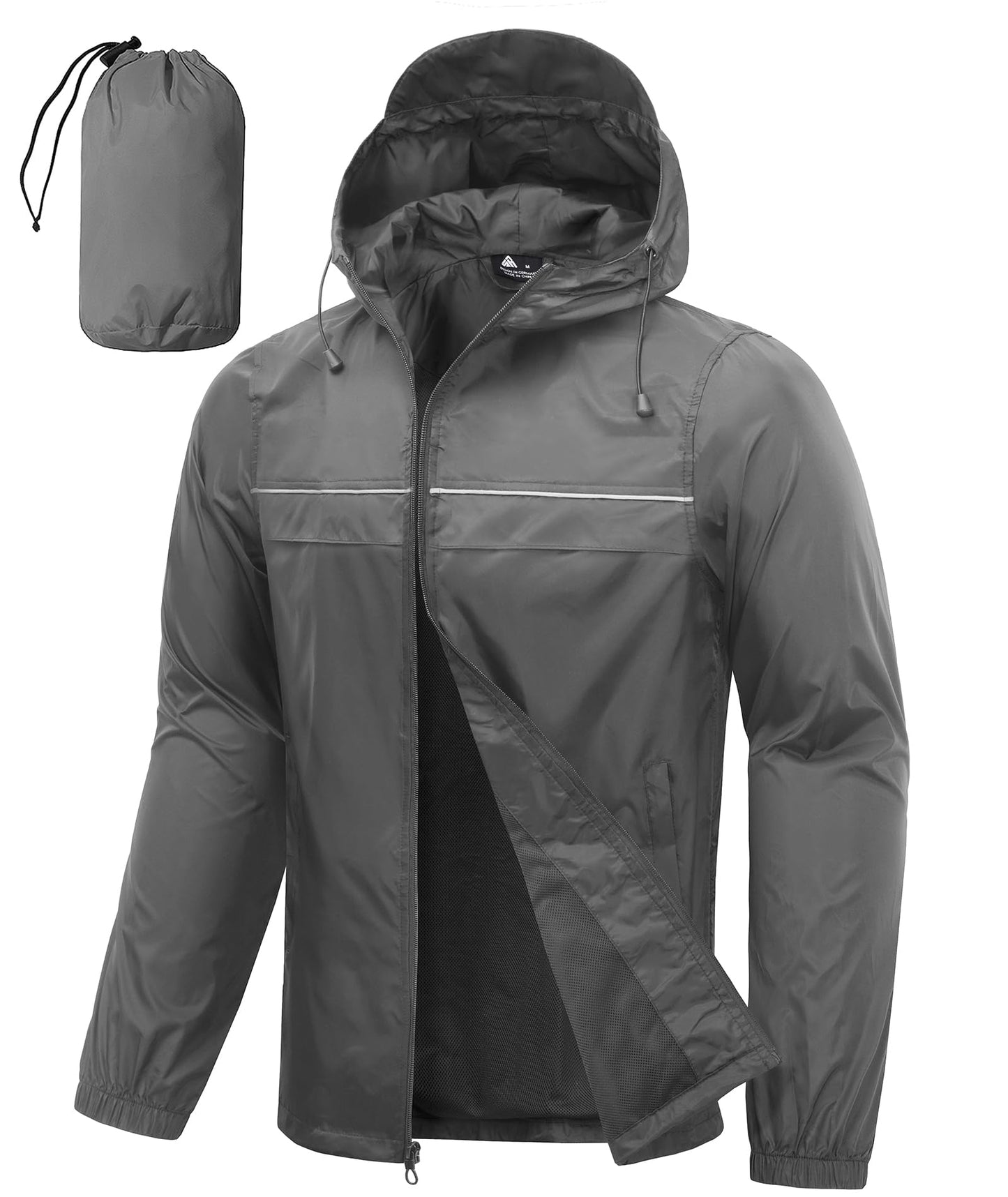 Men’s Waterproof Lightweight Packable Rain Jacket Hooded Windbreaker Cycling Running Outdoor Gear Reflective Shell Coat