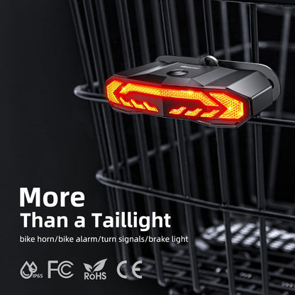Smart Bike Rear Tail Light with Turn Signals Brake Light Alarm Horn Remote Control Rechargeable Waterproof Bicycle Safety Light Night Riding
