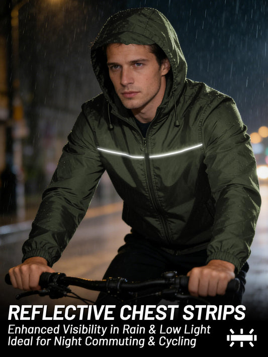 Men’s Waterproof Lightweight Packable Rain Jacket Hooded Windbreaker Cycling Running Outdoor Gear Reflective Shell Coat