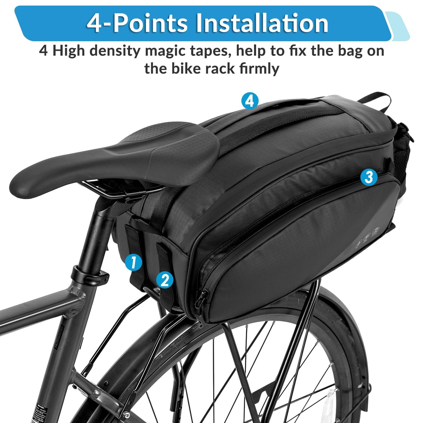 Waterproof Bike Rear Rack Bag 12L Reflective Pannier Saddle Trunk Storage with Bottle Holder Shoulder Strap Commuter MTB E Bike