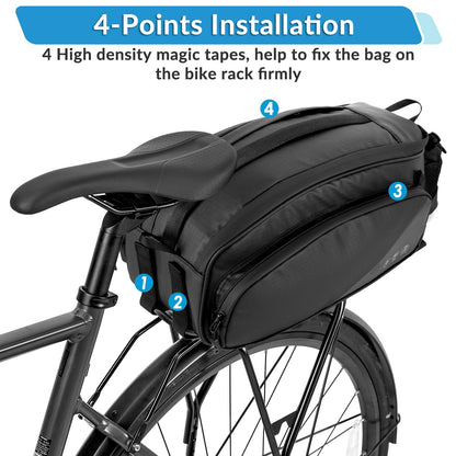 Waterproof Bike Rear Rack Bag 12L Reflective Pannier Saddle Trunk Storage with Bottle Holder Shoulder Strap Commuter MTB E Bike