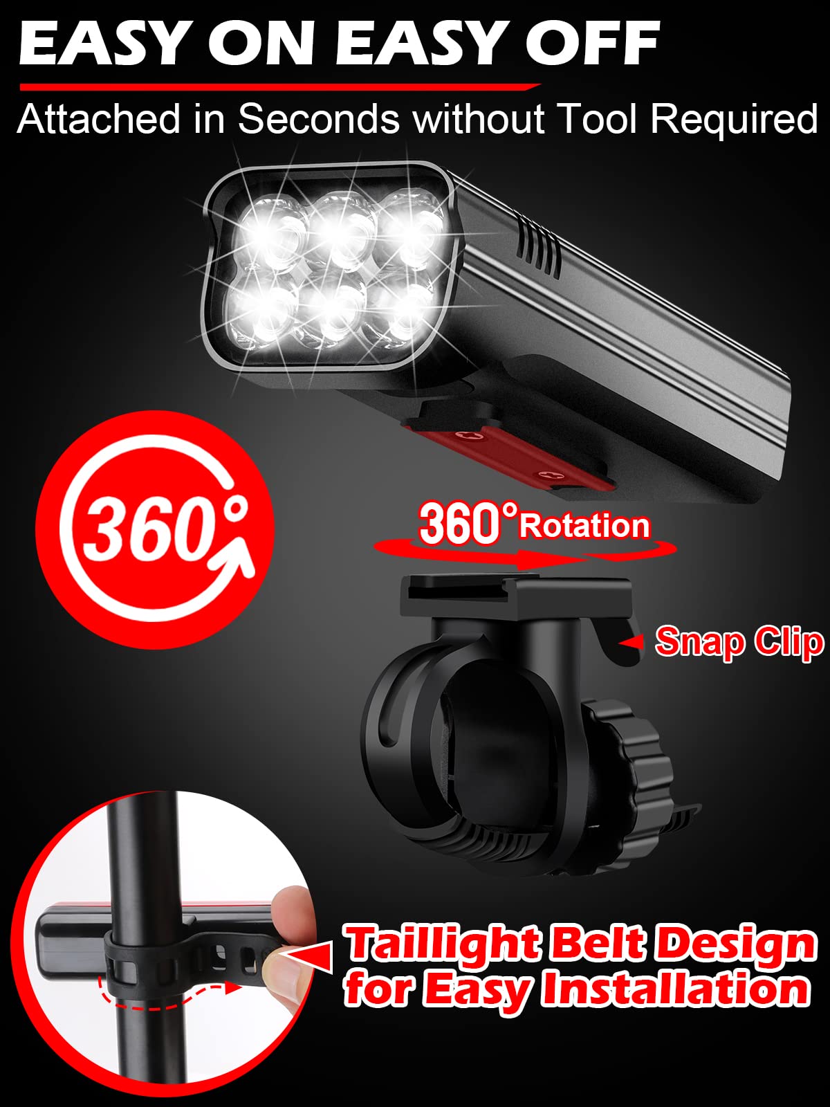 High Lumens USB Rechargeable Bike Lights Front and Rear Set 10000mAh IPX5 6 LED