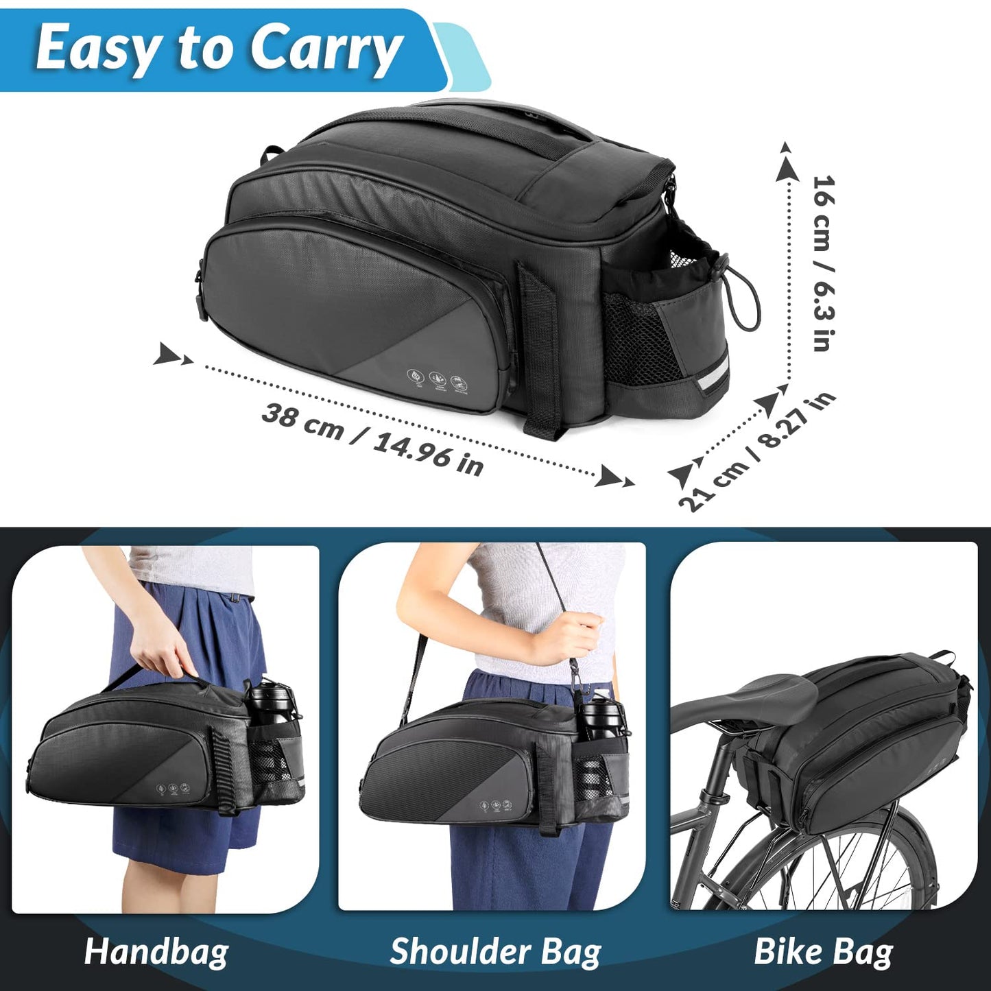Waterproof Bike Rear Rack Bag 12L Reflective Pannier Saddle Trunk Storage with Bottle Holder Shoulder Strap Commuter MTB E Bike
