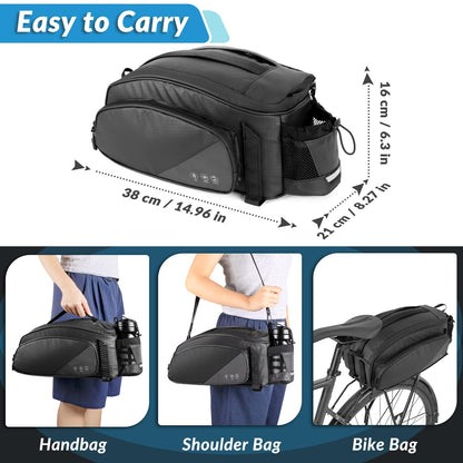 Waterproof Bike Rear Rack Bag 12L Reflective Pannier Saddle Trunk Storage with Bottle Holder Shoulder Strap Commuter MTB E Bike