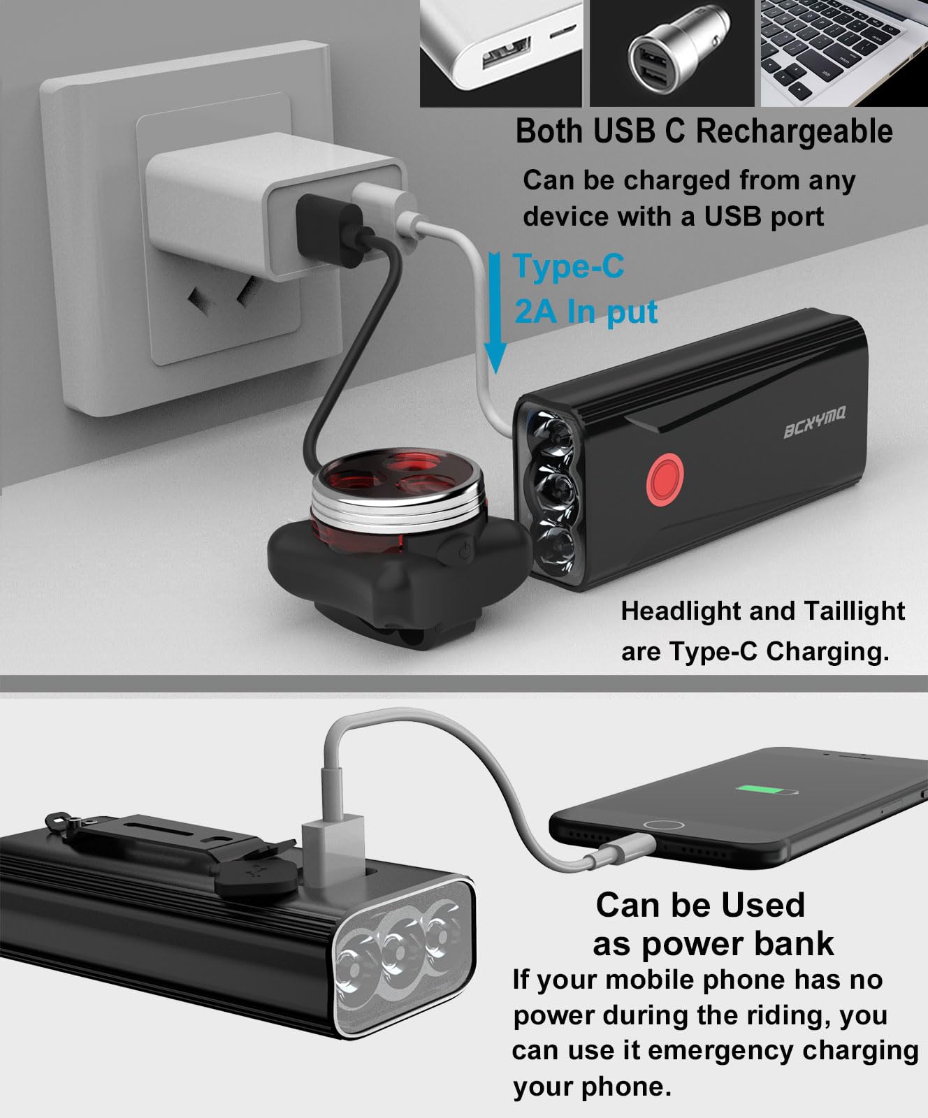 USB Rechargeable Bike Lights Front and Rear Set 6400mAh 1200LM Super Bright LED Night Riding Road MTB Compact
