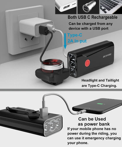 USB Rechargeable Bike Lights Front and Rear Set 6400mAh 1200LM Super Bright LED Night Riding Road MTB Compact