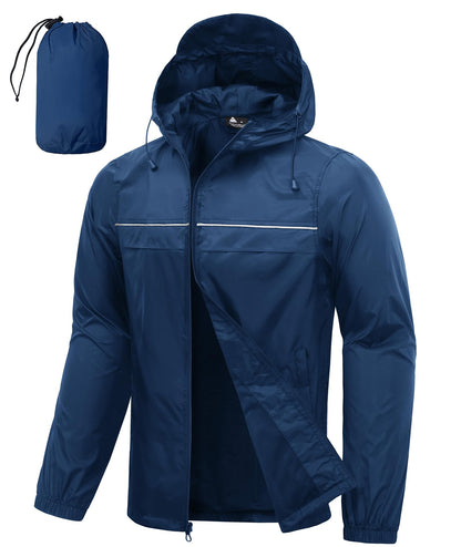 Men’s Waterproof Lightweight Packable Rain Jacket Hooded Windbreaker Cycling Running Outdoor Gear Reflective Shell Coat