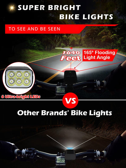 High Lumens USB Rechargeable Bike Lights Front and Rear Set 10000mAh IPX5 6 LED