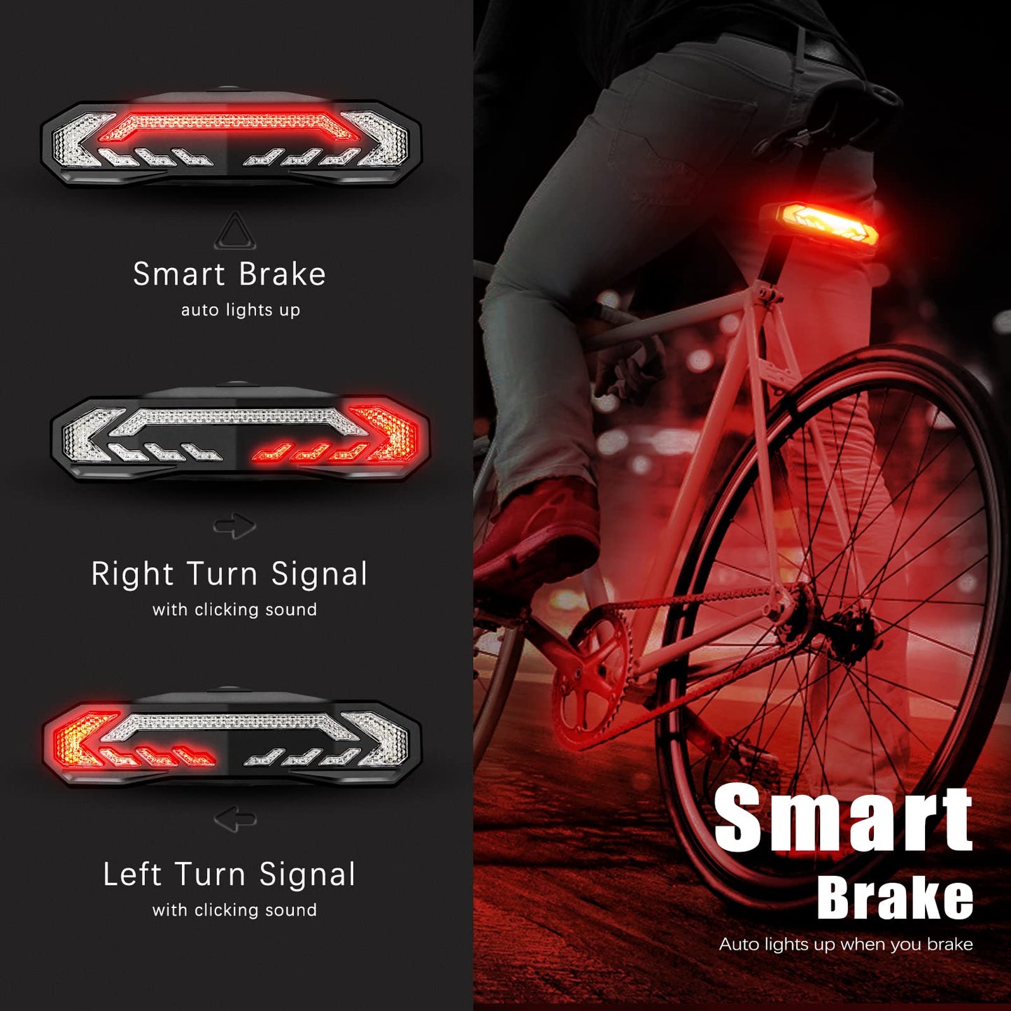 Smart Bike Rear Tail Light Turn Signal Brake Light Alarm Horn Remote Control USB Rechargeable Waterproof Bicycle Safety Light Auto On Off