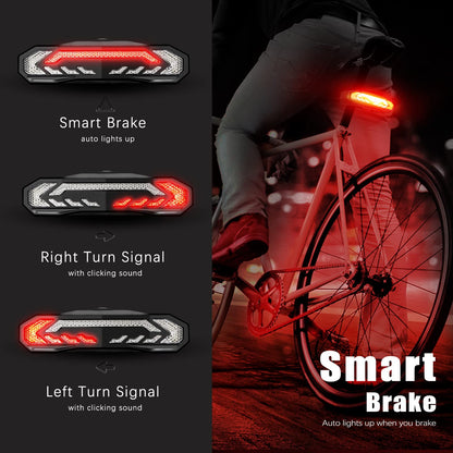 Smart Bike Rear Tail Light Turn Signal Brake Light Alarm Horn Remote Control USB Rechargeable Waterproof Bicycle Safety Light Auto On Off
