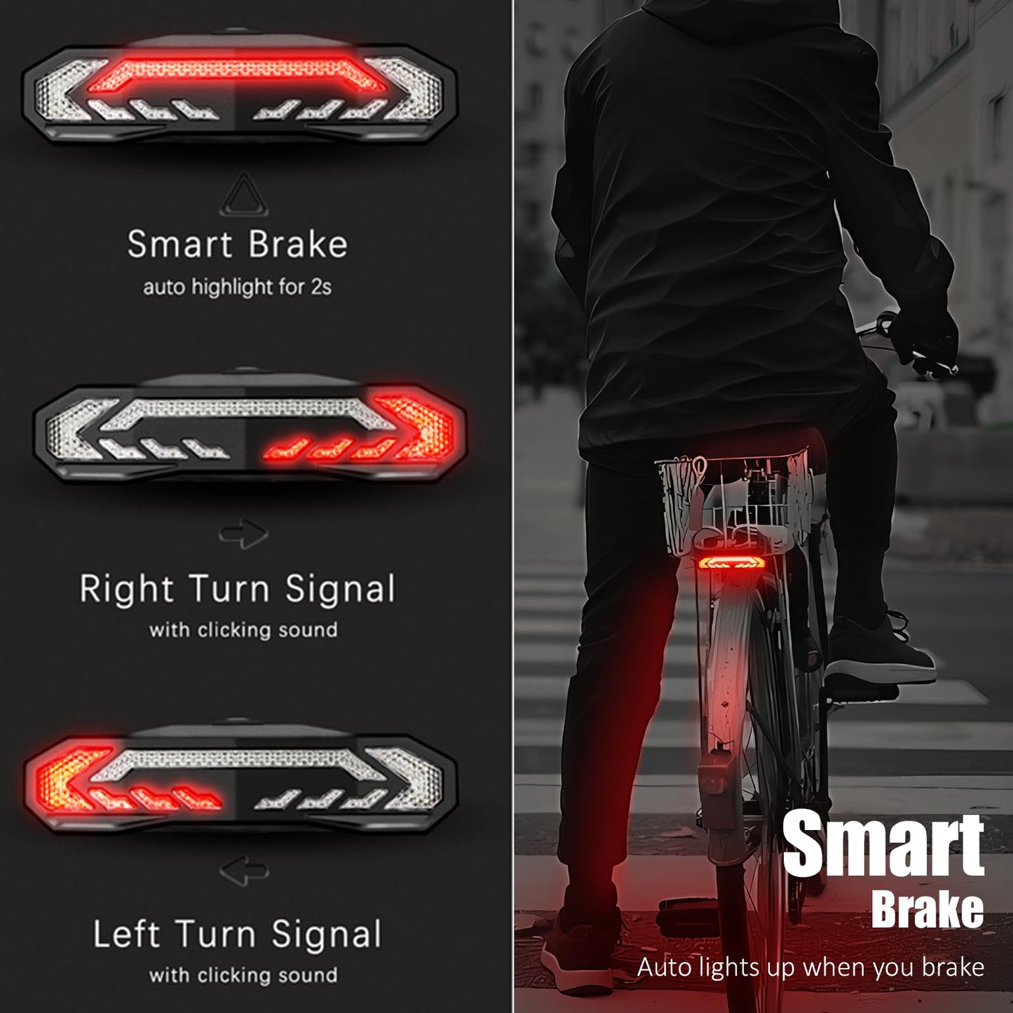 Smart Bike Rear Rack Tail Light Turn Signal Brake Light Wireless Horn Alarm USB C Rechargeable Auto On Off Bicycle Safety Light