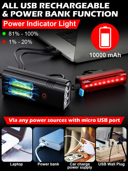 High Lumens USB Rechargeable Bike Lights Front and Rear Set 10000mAh IPX5 6 LED