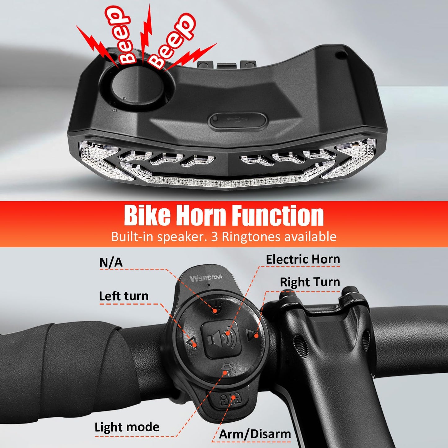 Smart Bike Rear Rack Tail Light Turn Signal Brake Light Wireless Horn Alarm USB C Rechargeable Auto On Off Bicycle Safety Light