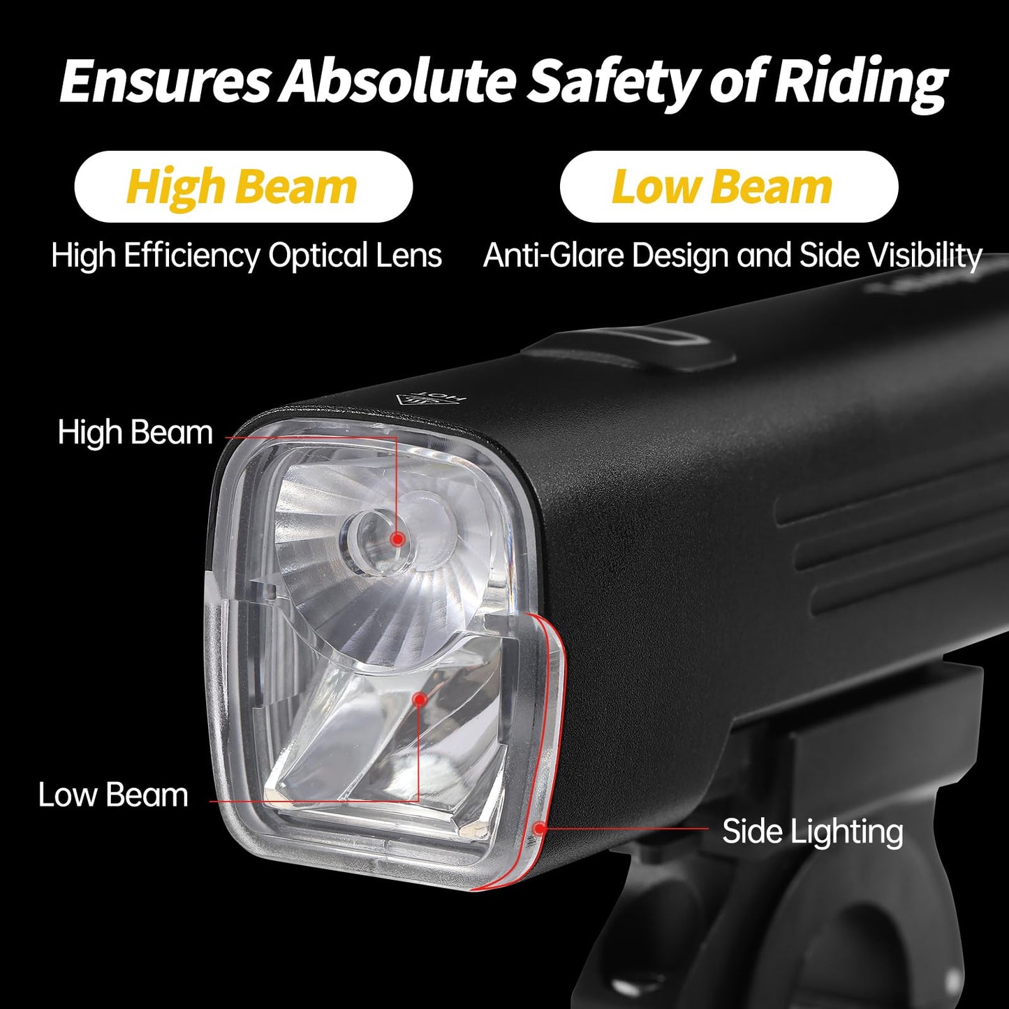 USB Rechargeable Bike Lights Front and Rear Set Dual LED High Low Beam 6000mAh IPX6 Waterproof Aluminum Alloy