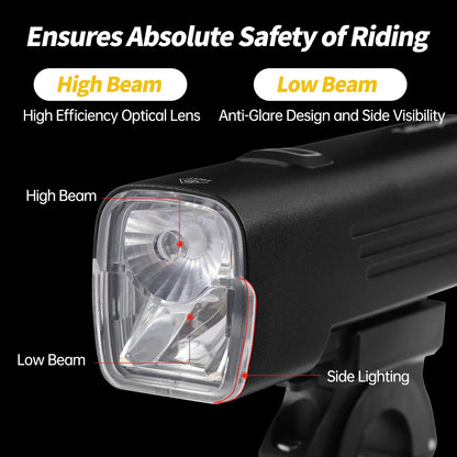 USB Rechargeable Bike Lights Front and Rear Set Dual LED High Low Beam 6000mAh IPX6 Waterproof Aluminum Alloy
