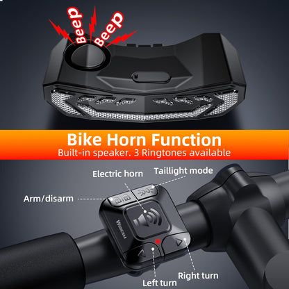 Smart Bike Rear Tail Light with Turn Signals Brake Light Alarm Horn Remote Control Rechargeable Waterproof Bicycle Safety Light Night Riding