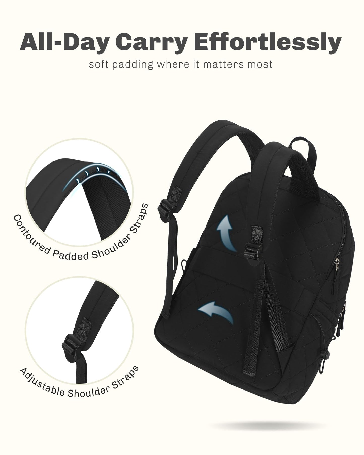 Quilted Travel Laptop Backpack Lightweight Puffer Style 16 Inch Laptop Compatible Casual Daypack Personal Item Bag