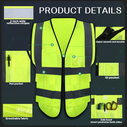 High Visibility Reflective Safety Vest Bulk Pack Pockets Zipper Work