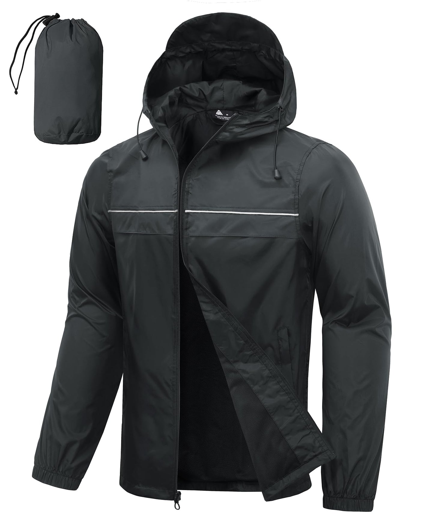 Men’s Waterproof Lightweight Packable Rain Jacket Hooded Windbreaker Cycling Running Outdoor Gear Reflective Shell Coat