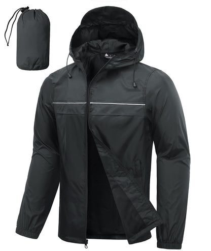 Men’s Waterproof Lightweight Packable Rain Jacket Hooded Windbreaker Cycling Running Outdoor Gear Reflective Shell Coat