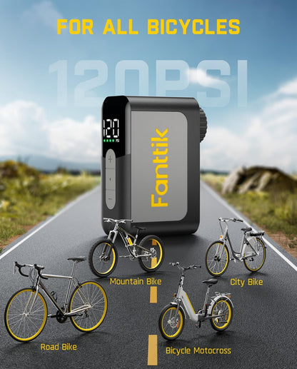 Portable Electric Mini Bike Pump 120PSI Auto Stop Gauge Presta Schrader Valve Compact Road MTB Bicycle Tire Pump