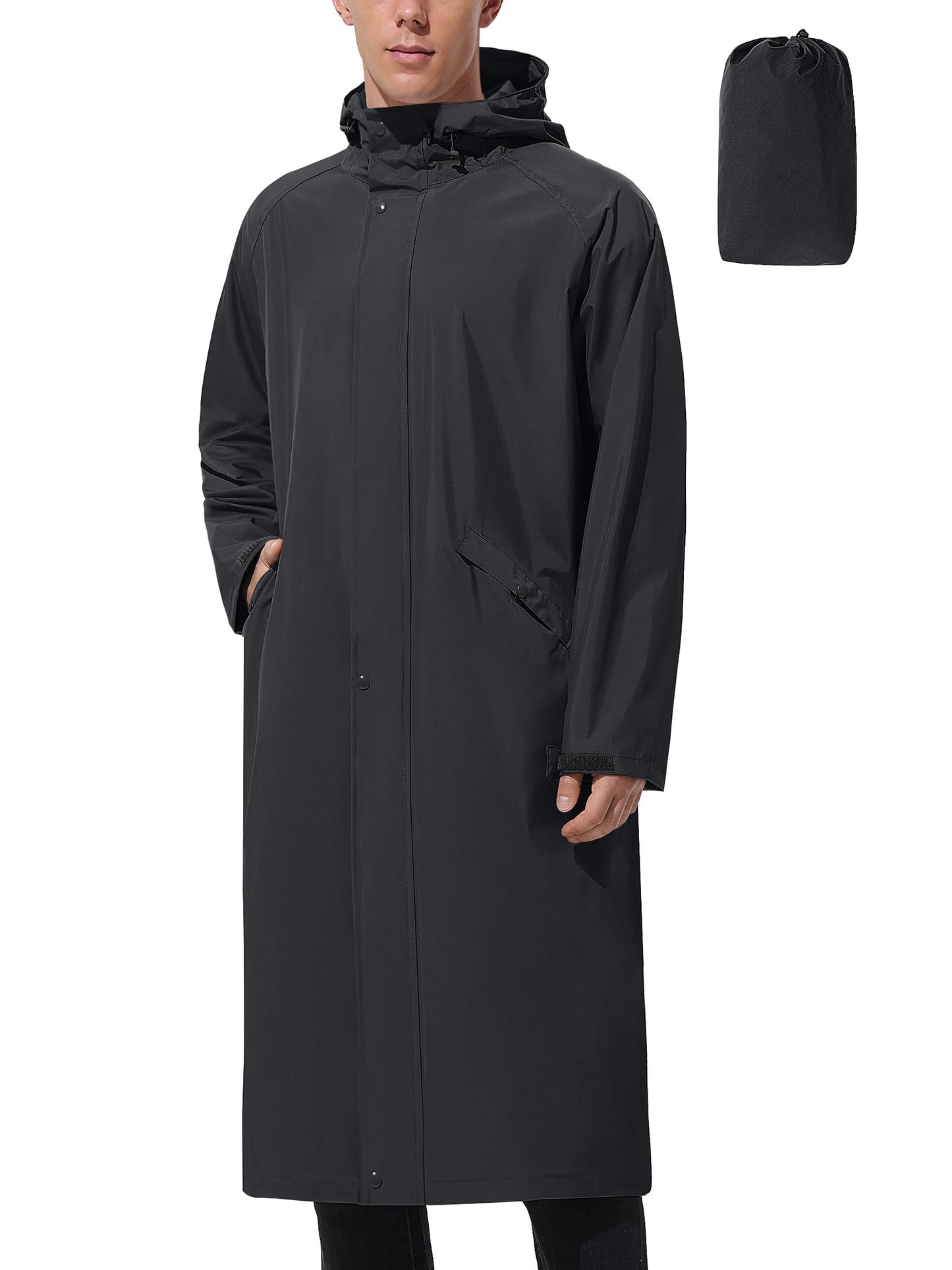 Men’s Waterproof Long Raincoat Adjustable Hood Wide Brim Packable Outdoor Cycling Commuting Rain Jacket Lightweight Portable