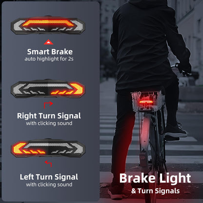 Smart Bike Rear Tail Light with Turn Signals Brake Light Alarm Horn Remote Control Rechargeable Waterproof Bicycle Safety Light Night Riding