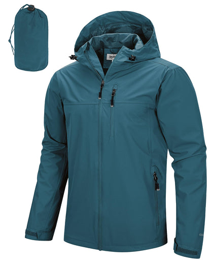 Men’s Waterproof Packable Rain Jacket Hooded Lightweight Windbreaker Cycling Running Outdoor Reflective Shell Jacket