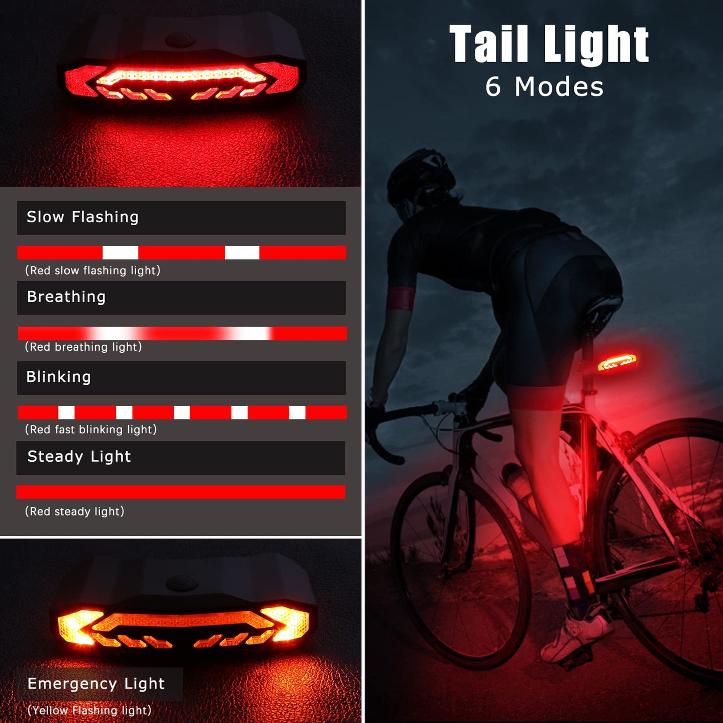 Smart Bike Rear Tail Light Turn Signal Brake Light Alarm Horn Remote Control USB Rechargeable Waterproof Bicycle Safety Light Auto On Off