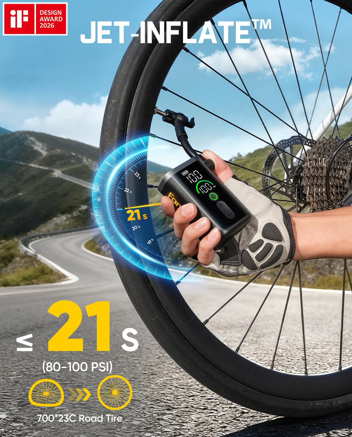 Fanttik X11 Ace Mini Bike Pump, 21s Fast Inflate Bicycle Pump with Gauge, 150PSI Electric Air Pump Portable with Presta/Schrader Valve for Motorcycle/Road/E-Bike/MTB, iF Design Award 2026