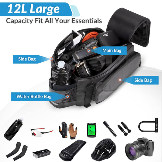 Waterproof Bike Rear Rack Bag 12L Reflective Pannier Saddle Trunk Storage with Bottle Holder Shoulder Strap Commuter MTB E Bike