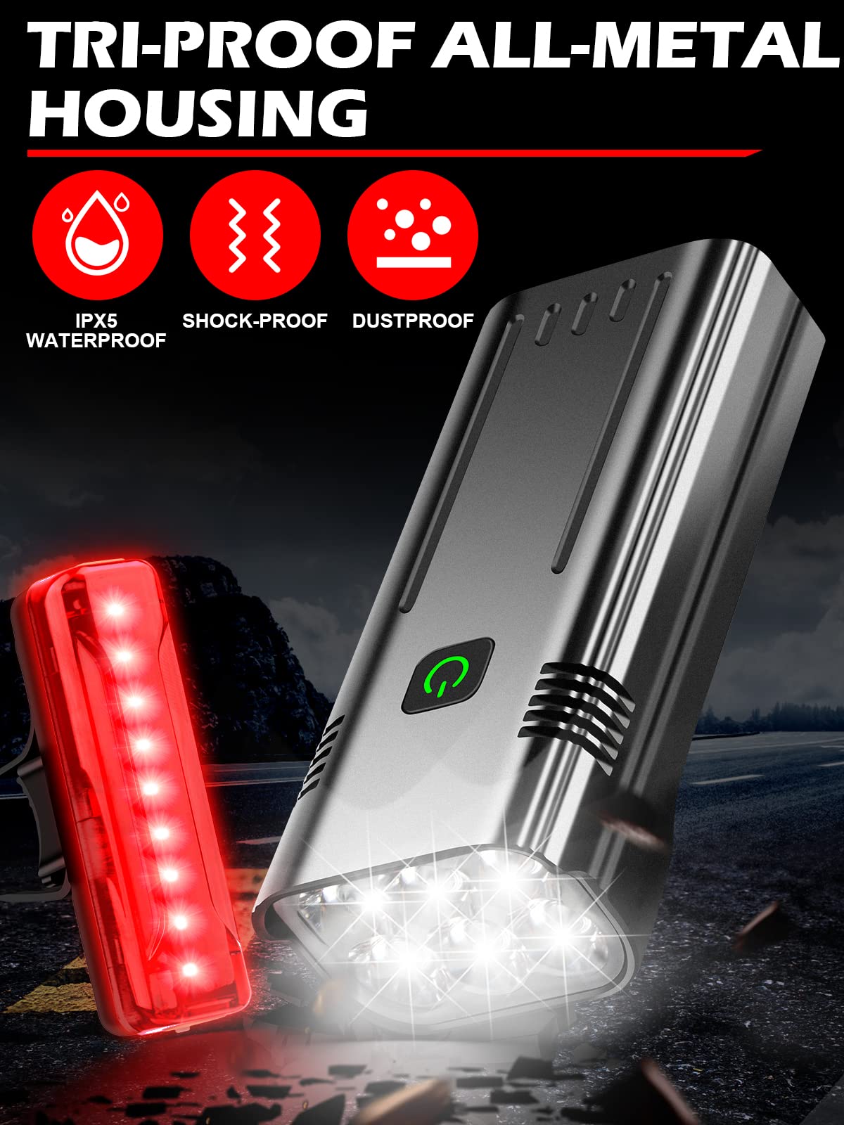 High Lumens USB Rechargeable Bike Lights Front and Rear Set 10000mAh IPX5 6 LED