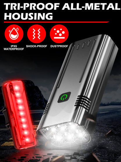 High Lumens USB Rechargeable Bike Lights Front and Rear Set 10000mAh IPX5 6 LED
