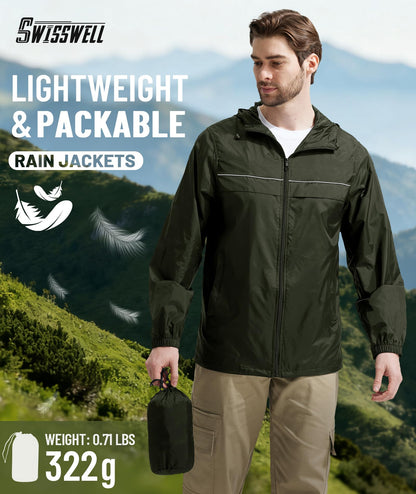 Men’s Waterproof Lightweight Packable Rain Jacket Hooded Windbreaker Cycling Running Outdoor Gear Reflective Shell Coat