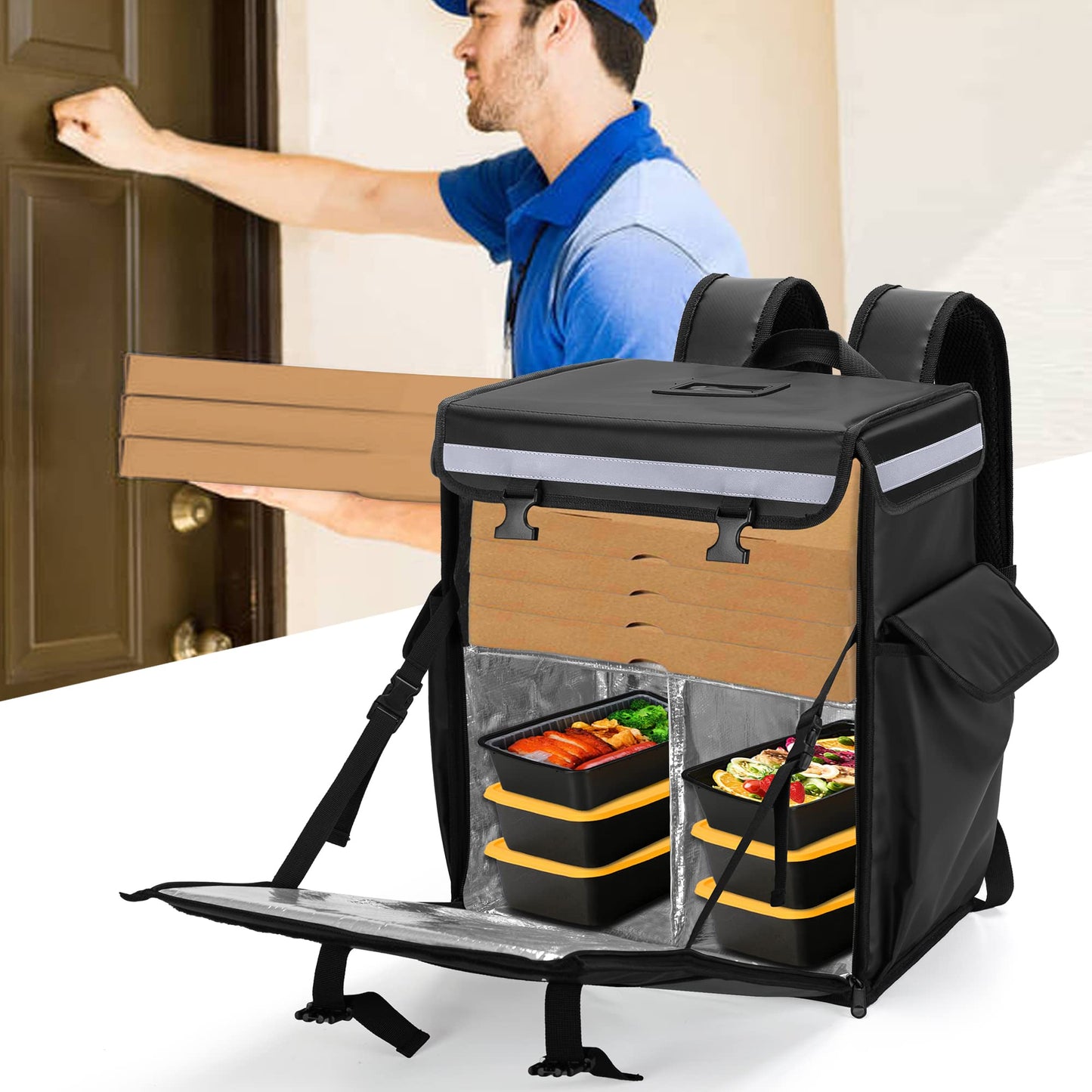 Insulated Food Delivery Backpack Waterproof Top Front Loading Multi Compartment Thermal Courier Bag Bike Delivery Compact Heavy Duty