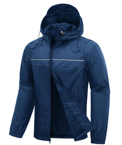Men’s Waterproof Lightweight Packable Rain Jacket Hooded Windbreaker Cycling Running Outdoor Gear Reflective Shell Coat