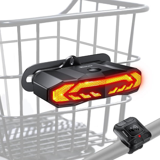 Smart Bike Rear Tail Light with Turn Signals Brake Light Alarm Horn Remote Control Rechargeable Waterproof Bicycle Safety Light Night Riding