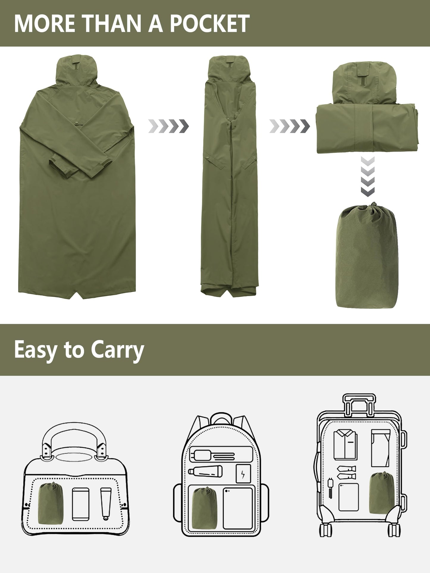 Men’s Waterproof Long Raincoat Adjustable Hood Wide Brim Packable Outdoor Cycling Commuting Rain Jacket Lightweight Portable